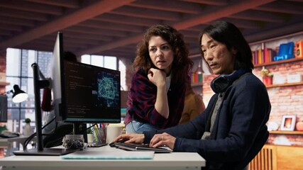 Poster - ai startup engineer asks questions to team leader before starting implementing machine learning. art