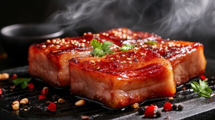 Wall Mural - A mouthwatering image of pork belly slices marinated in spices, sizzling on a grill, with smoke rising and herbs scattered around for added flavor