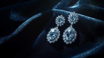 Poster - A pair of elegant chandelier diamond earrings showcased on a dark velvet cloth, with soft lighting creating dramatic shadows that enhance their beauty