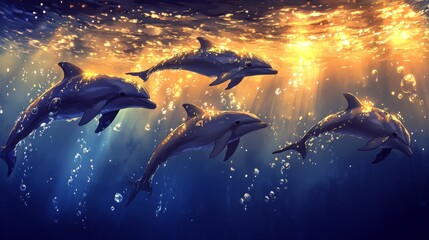 Poster - A pod of dolphins diving in sync under the waters surface, surrounded by bubbles and shimmering light rays filtering through
