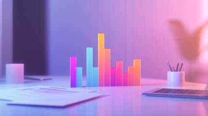 Fototapete - A professional financial bar chart with clear, colorful bars representing monthly income and expenses, placed on a clean workspace background with business documents and a laptop.