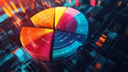 Poster - A rotating D pie chart with colorful, layered sections representing data, with numbers and labels floating beside each slice for clarity.