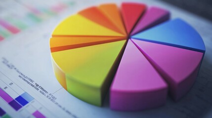 Poster - A rotating D pie chart with colorful, layered sections representing data, with numbers and labels floating beside each slice for clarity.