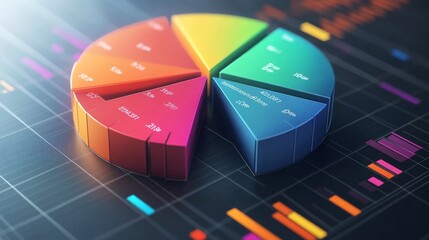 Aufkleber - A rotating D pie chart with colorful, layered sections representing data, with numbers and labels floating beside each slice for clarity.