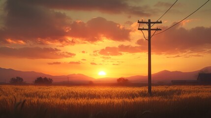 Poster - A rural landscape featuring a lone utility pole standing tall in a golden wheat field, with the sun setting in the background, symbolizing solitude and strength