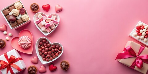 Wall Mural - Romantic Pink Background Featuring Heart-Shaped Bowls of Assorted Sweets and Wrapped Gifts