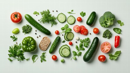Poster - Fresh Colorful Vegetables and Herbs Arranged on Light Background