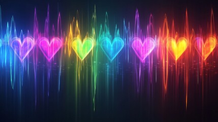 Fototapete - A series of heart waveforms depicted in different colors, symbolizing various emotional states, displayed on a dark background for a striking contrast