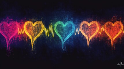 Fototapete - A series of heart waveforms depicted in different colors, symbolizing various emotional states, displayed on a dark background for a striking contrast