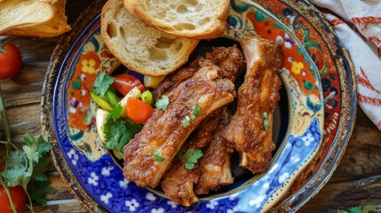 Wall Mural - A serving of succulent fried pork ribs on a colorful ceramic plate, with a side of garlic bread and fresh vegetables, emphasizing a delightful dinner experience.