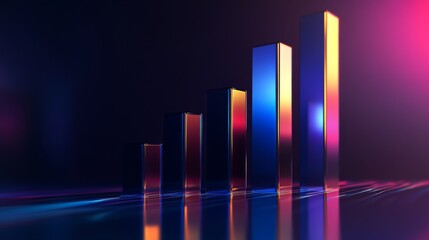 Poster - A sleek, futuristic D bar graph with metallic bars rising from a reflective surface, set against a dark gradient background, highlighting business growth.