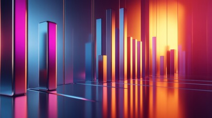 Fototapete - A sleek, futuristic D bar graph with metallic bars rising from a reflective surface, set against a dark gradient background, highlighting business growth.