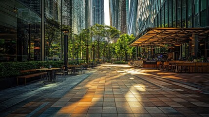 Wall Mural - Sunlit urban pathway between skyscrapers with outdoor cafe.