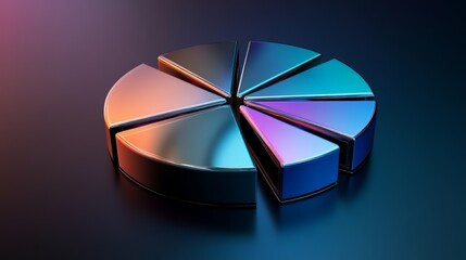 Poster - a sleek metallic d pie chart with separated slices, each segment reflecting light differently, set a