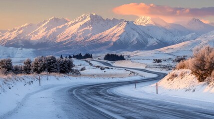 Poster - A stunning capture of a mountain road cutting through a snowy landscape, with snow-capped peaks rising majestically in the background, creating a winter wonderland.