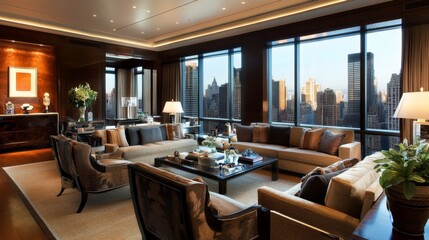 Poster - A stylish urban living room with modern furniture, industrial decor, and large windows, offering a glimpse of the bustling city outside