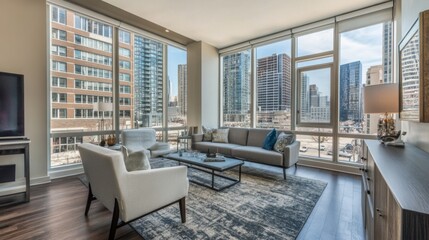 Poster - A stylish urban living room with modern furniture, industrial decor, and large windows, offering a glimpse of the bustling city outside
