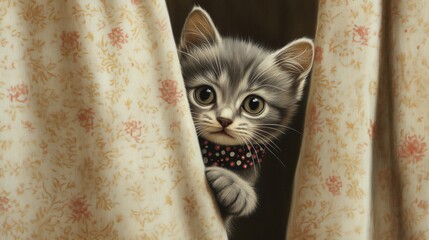 Poster - A tiny kitten with soft gray fur, wearing a polka dot collar, peeking out from behind a curtain with a playful, curious expression.