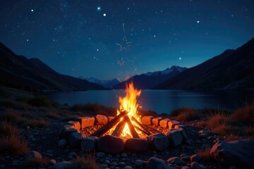 Wall Mural - fire crackling in campfire pit under starry sky, night, serene