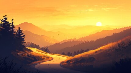 Poster - A tranquil sunset view of a winding road through the mountains, bathed in warm golden light, with silhouettes of trees and hills creating a peaceful atmosphere.
