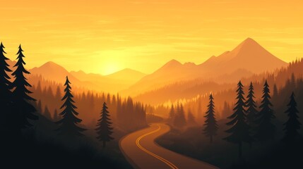 Poster - A tranquil sunset view of a winding road through the mountains, bathed in warm golden light, with silhouettes of trees and hills creating a peaceful atmosphere.