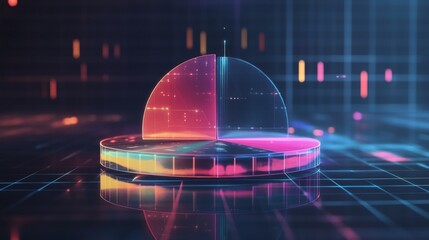 Poster - A transparent D pie chart with sleek, colorful sections rising from a reflective platform, showcasing business data against a dark backdrop with a glowing grid.