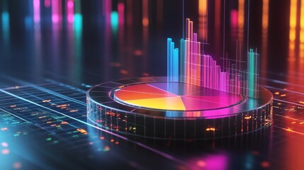 Aufkleber - A transparent D pie chart with sleek, colorful sections rising from a reflective platform, showcasing business data against a dark backdrop with a glowing grid.