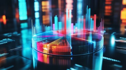 Aufkleber - A vibrant D pie chart with glass-like translucent sections, illuminated from below, each segment labeled with financial data in a futuristic setting.