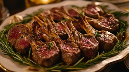 Wall Mural - A vibrant image of freshly butchered lamb chops, beautifully arranged on a platter with rosemary and garlic, highlighting their tenderness and flavor