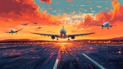 Poster - A vibrant scene of a busy airport runway with multiple airplanes taking off and landing, highlighting the hustle and bustle of air travel and transportation.