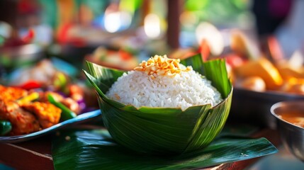 Wall Mural - A warm image of jasmine rice served in a banana leaf cup at a festive Thai market, surrounded by colorful dishes, capturing the essence of Thai street food culture.