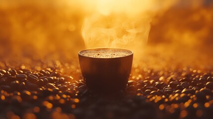 Poster - A warm, inviting image of a coffee cup surrounded by coffee beans, with soft morning light filtering in, creating a cozy atmosphere that celebrates the coffee experience.