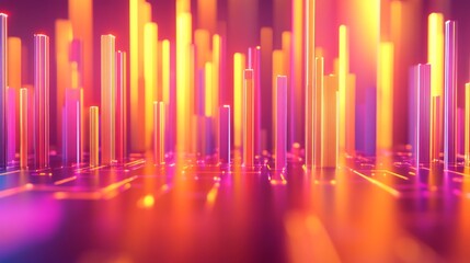 Fototapete - Bright gradient D bars rising from a digital floor with soft reflections, creating a futuristic data display on a neutral backdrop