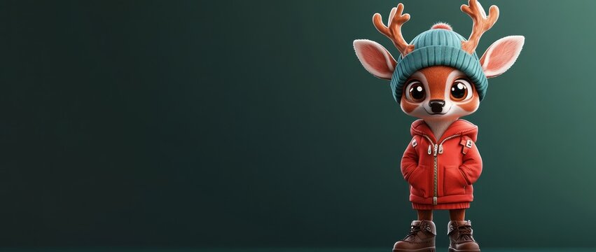 Cute cartoon deer wearing a red jacket and blue hat.