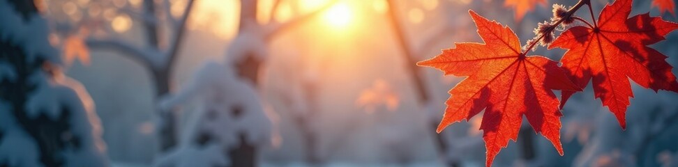 Wall Mural - Maple leaves glowing softly in the frosty morning light against a backdrop of snowy trees and warm sunlight filtering through, tree, peaceful, frosty