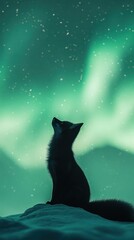 Wall Mural - silhouette of a fox gazing at the aurora borealis.