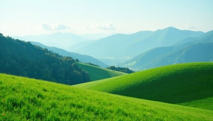 Wall Mural - rolling hills with misty mountains in the distance, mountains, scenery, green