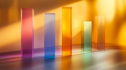 Poster - Colorful D bar graph with tall, transparent bars on a reflective surface, casting shadows and illuminated by soft ambient lighting