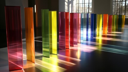 Poster - Colorful D bar graph with tall, transparent bars on a reflective surface, casting shadows and illuminated by soft ambient lighting