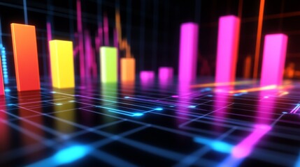 Poster - Dark-themed D bar chart with neon-colored bars and a digital grid base, capturing a futuristic data visualization aesthetic