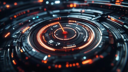 Poster - Futuristic digital speed gauge with glowing lines, needle pointing to maximum, set against a dark high-tech background