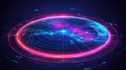 Fototapete - Futuristic radar-style circular graphic with bright neon lines and rotating elements on a dark tech-inspired background