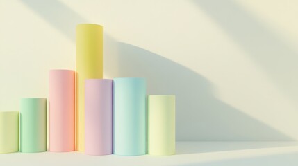 Fototapete - Minimal D bar graph in pastel colors, with shadows cast across a white background, creating a soft and elegant visual