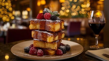 Poster - Stack of buttery French toast drizzled with syrup and topped with fresh berries, creating a delicious, inviting breakfast scene