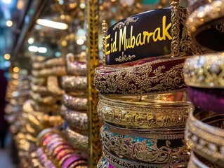 Eid Mubarak gold decoration and bracelets showcases vibrant festive spirit