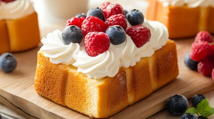 Fototapete - Toasted brioche topped with whipped cream and berries, creating a delightful and inviting brunch setup on a rustic table