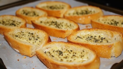 Leinwandbilder - Toasted baguette slices with garlic butter and herbs, arranged on a parchment-lined baking sheet, ready for a warm, savory snack