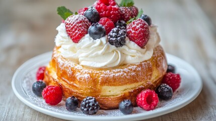 Fototapete - Toasted brioche topped with whipped cream and berries, creating a delightful and inviting brunch setup on a rustic table