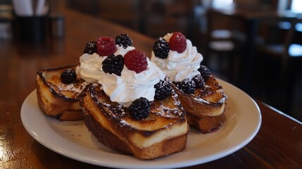 Fototapete - Toasted brioche topped with whipped cream and berries, creating a delightful and inviting brunch setup on a rustic table