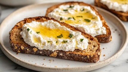Poster - Toasted multigrain bread with fresh ricotta cheese and a drizzle of honey, set on a marble countertop for a simple and elegant breakfast scene